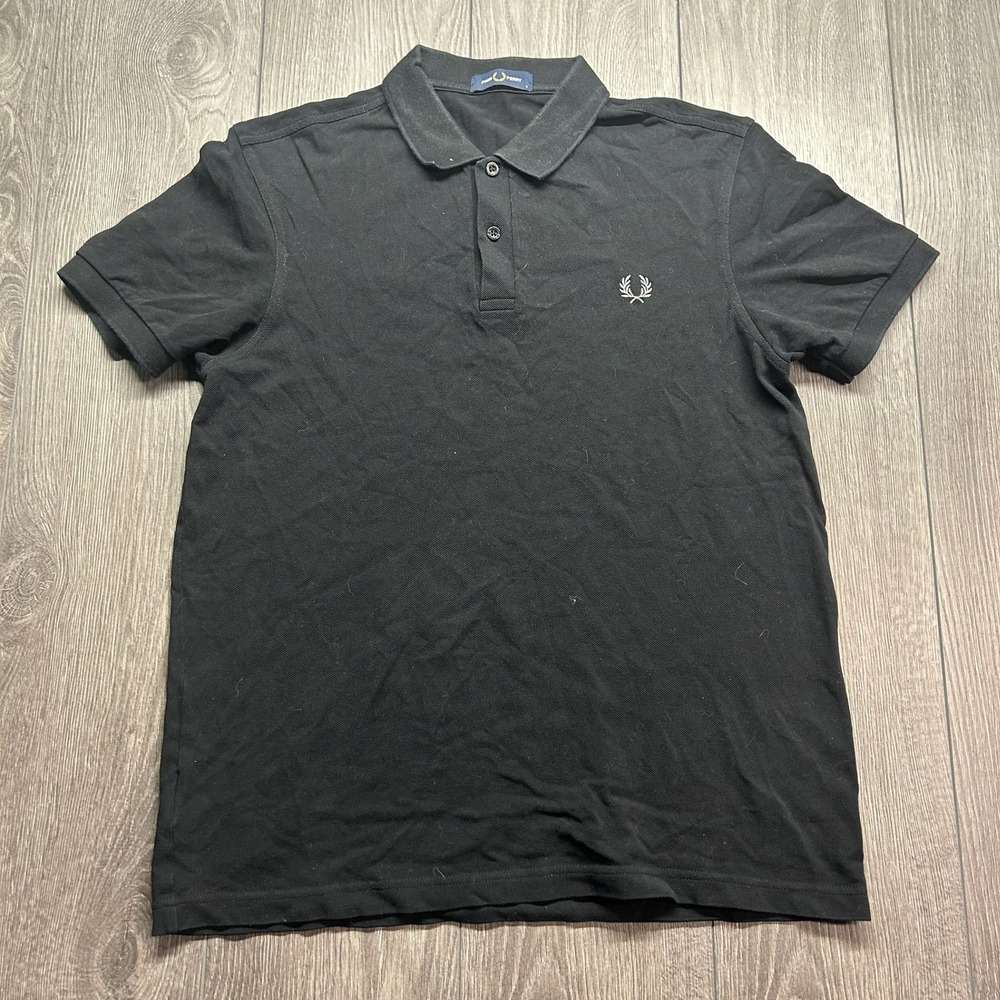 Fred Perry Mens Large Black Pique Cotton Short Sleeve Polo Shirt Laurel Wreath